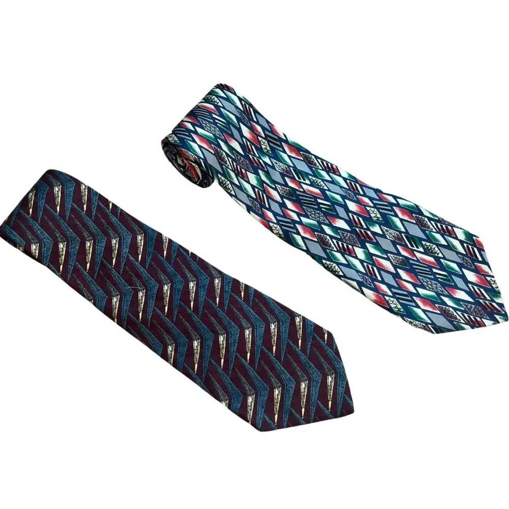 Vintage Robert Talbott Studio Red Blue Geometric 100% Silk Tie 2 Neckties 80s